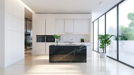 Modern kitchen design featuring sleek white cabinets, a marble island, and abundant natural light from large windows.