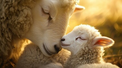 Naklejka premium Adorable Newborn Lamb Resting in Grassy Meadow with Mother Sheep