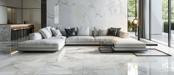 Modern living room with elegant marble flooring and a spacious, stylish couch, perfect for contemporary interior design.