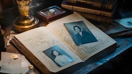 Detailed view of a scrapbook with a mix of black-and-white and color photos, illuminated by warm light, intricate decorative elements and heartfelt notes, nostalgic and meaningful