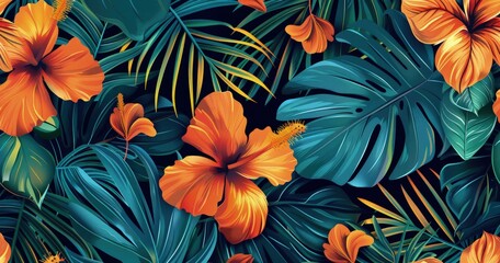 A vibrant tropical floral pattern featuring hibiscus flowers and lush leaves.