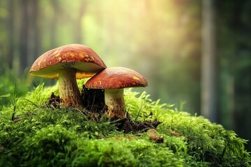 Boletus mushrooms growing in green moss covered forest. Generative Ai