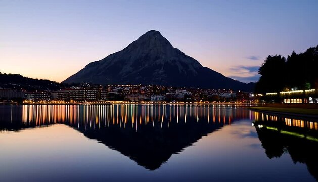 Reflection of the lights and the mountain in a lake captured in parco ciani, lugano, Switzerland
