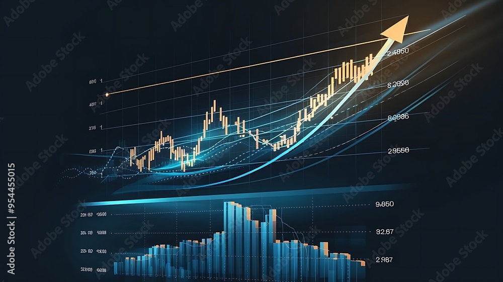 Poster dynamic stock market chart with rising trend line and glowing data points on dark backdrop, illustra