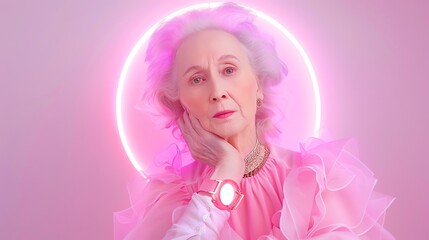 Elderly woman in elegant pink outfit and halo, highlighting fashion and grace. Concept of ageless beauty and style in soft pastel colors.