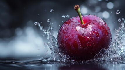 Freshly Picked Juicy Red Apple with Water Splashing