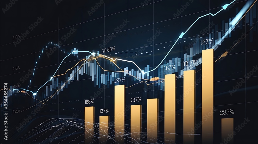 Poster dynamic stock market chart with rising trend line and glowing data points on dark backdrop, illustra