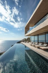 Fototapeta premium Luxury Escape: Serene Ocean View VillaRooftop Infinity Pool and Relaxing Atmosphere
