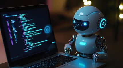 Futuristic Robot Programming Code on Laptop Display