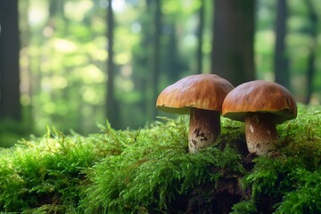 Boletus mushrooms growing in green moss covered forest. Generative Ai