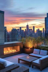 Obraz premium Urban Serenity: A Cozy Rooftop EscapeStunning City Views at Sunset