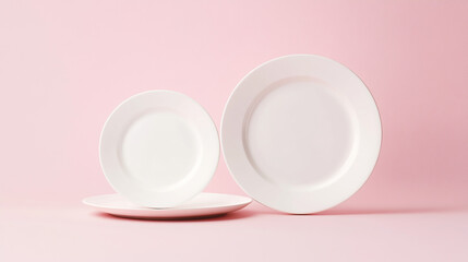 Set of three white round empty plates isolated on pale pink background