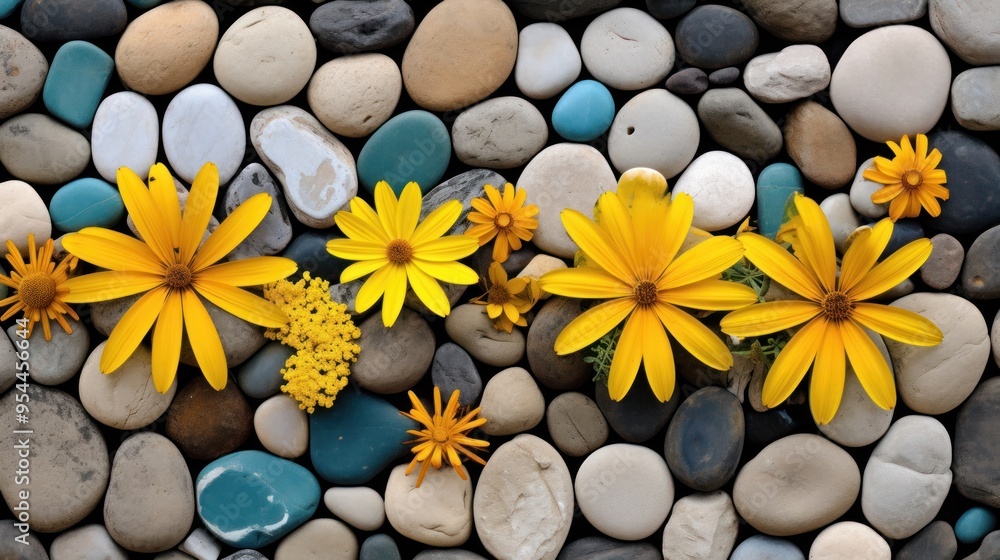 Sticker yellow flowers on a background of stone