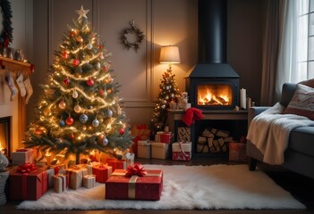 A cozy Christmas living room with a decorated Christmas tree, fireplace, and various holiday decorations and gifts.