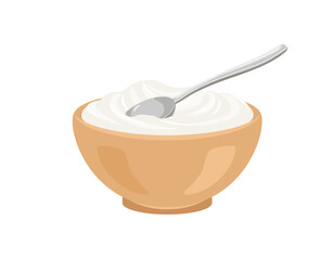 White yogurt or sour cream in bowl with spoon. Vector cartoon illustration of healthy food.

