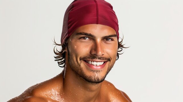 Joyful male swimmer showcasing a wide smile while isolated on a clean white background