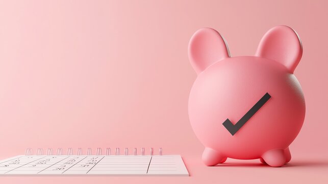 Minimalistic pink piggy bank with a checklist on a light pink background, symbolizing savings, finance management, and financial planning.