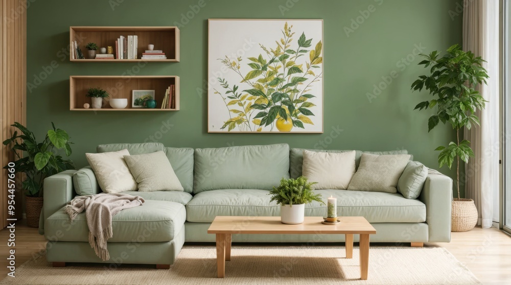 Wall mural comfortable living space showcasing green sofa, plants, and botanical decor