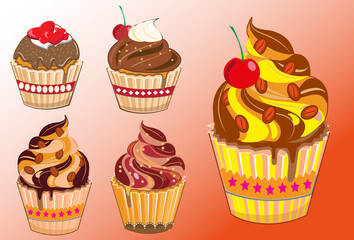 An illustration of a Colorful Cupcake. illustration of various cupcakes, featuring an array of toppings such as cherries, strawberries, and chocolate drizzles.