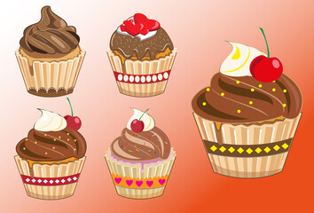 An illustration of a Colorful Cupcake. illustration of various cupcakes, featuring an array of toppings such as cherries, strawberries, and chocolate drizzles.