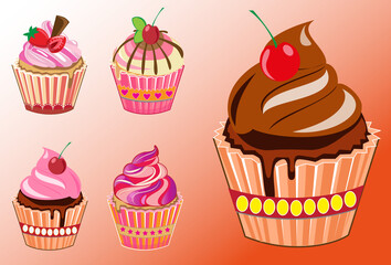 An illustration of a Colorful Cupcake. illustration of various cupcakes, featuring an array of toppings such as cherries, strawberries, and chocolate drizzles.