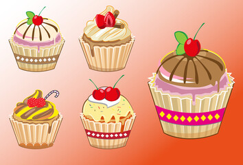 An illustration of a Colorful Cupcake. illustration of various cupcakes, featuring an array of toppings such as cherries, strawberries, and chocolate drizzles.