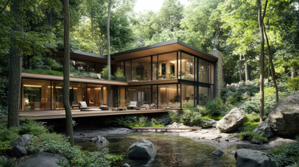 Realistic representation of a home nestled deep in the forest, with floor-to-ceiling