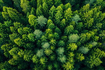 Fototapeta premium Pine forest. Aerial top view of green pine trees in summer.