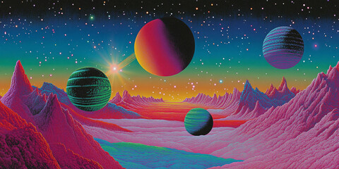 Fototapeta premium Neon cosmic landscape with colorful planets