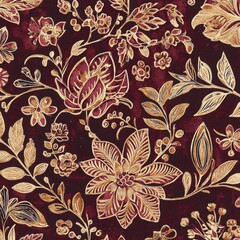 Elegant floral pattern in burgundy and gold, perfect for textile or wallpaper.