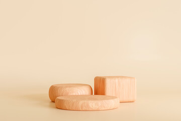 empty 3 step of wooden podium on ligth brown background, space for product, cosmetic , 3d render
