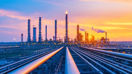 Stunning sunset over an industrial oil refinery with metallic pipelines leading towards tall towers and smokestacks emitting fumes.