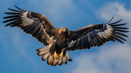 Obraz premium eagle soaring with wings fully spread, gliding gracefully through a clear blue sky.