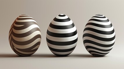 Obraz premium 3 sleek Easter eggs in black and white showcase unique spiral and striped patterns. Their minimalist design and monochromatic palette offer a stylish.