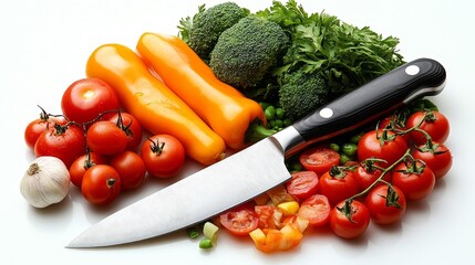 Fresh Vegetables and Kitchen Knife on White Background