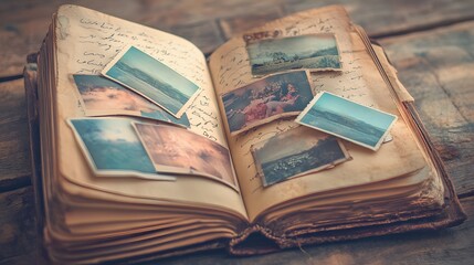 Close-up of an open memory book with colorful photos and elegant, handwritten notes, soft, ambient...