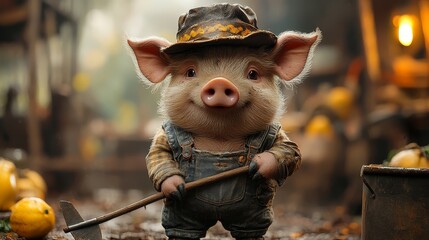 Cute Pig in overalls with a shovel and hat