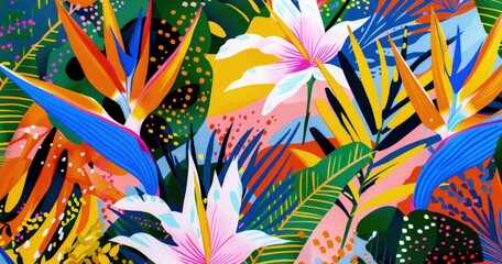 A vibrant tropical illustration featuring colorful flowers and lush foliage.