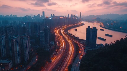 Naklejka premium A cityscape at dusk with a highway winding by the river, under a fading sky.