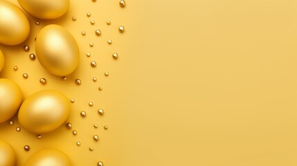 Fototapeta premium Minimal easter concept: elegant golden easter eggs with stripes and dots framing yellow background, flat lay design with copy space for seasonal greeting or holiday card. Luxurious easter decor for mo