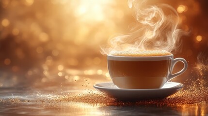 Obraz premium Hot Coffee Cup with Steam and Golden Bokeh Background
