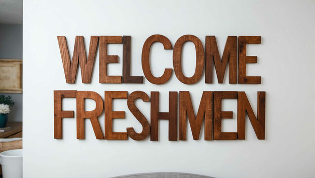 welcome freshmen word brown wood letters on plain white background