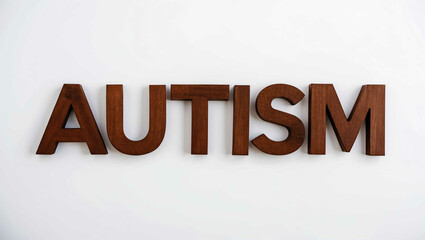 autism word brown wood letters on plain white background