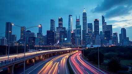 Obraz premium Twilight cityscape with skyscrapers and vibrant light trails, showcasing the dynamic energy of urban life. Perfect for illustrating modern architecture and bustling city environments.