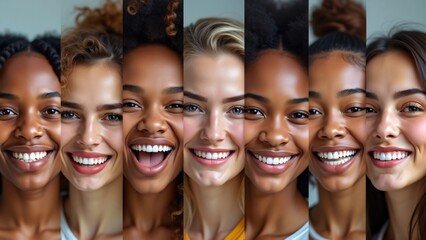 Obraz premium Multiethnic people white smiles panoramic photo collage
