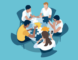 People sitting around the table and solving puzzle rebus. Concept of finding solution, teamwork, cooperation. Vector illustration.
