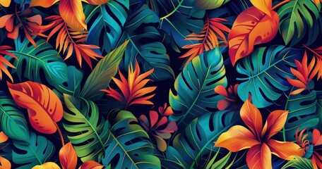 A vibrant tropical foliage pattern featuring colorful leaves and flowers.