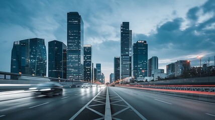 Twilight cityscape with skyscrapers and vibrant light trails, showcasing the dynamic energy of urban life. Perfect for illustrating modern architecture and bustling city environments.
