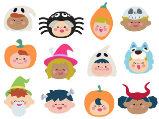 ハロウィンで仮装した子供たちの顔アイコンセット