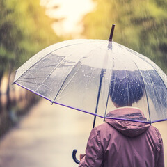 Rainy day and a person puts up an umbrella.